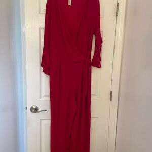 Red, ruffled faux wrap jumpsuit. XL